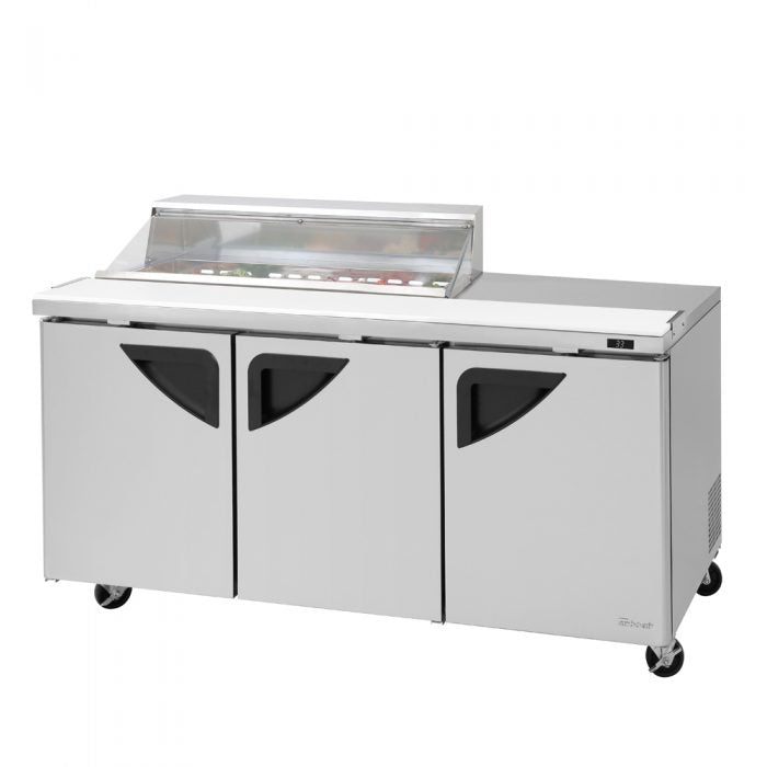 Turbo Air - TST-72SD-12S-N-CL, Commercial Super Deluxe Series, Sandwich/Salad Prep Table + Work Station – (1) Clear Lid, 73″ length, (3) doors, (12) pans
