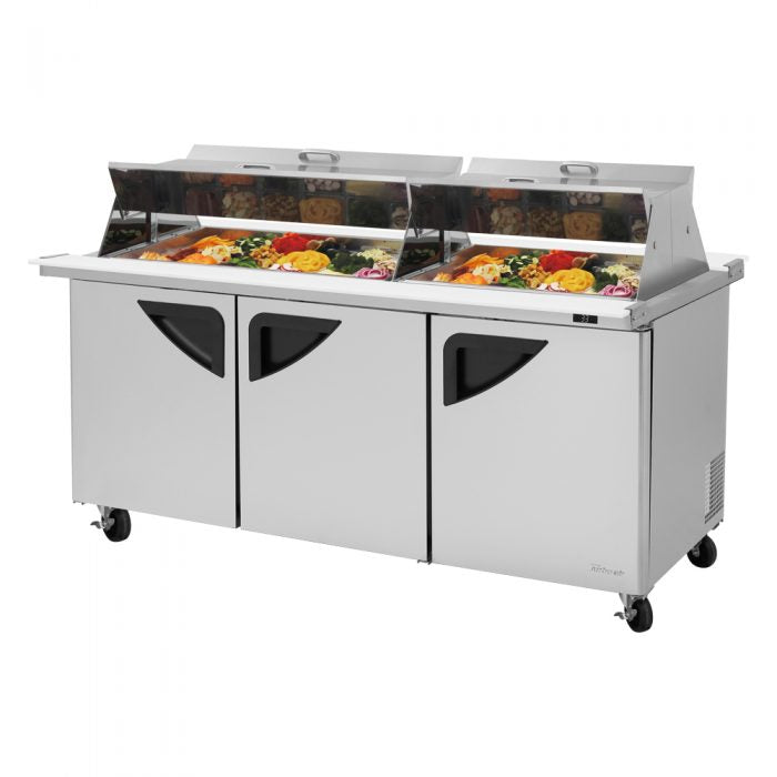 Turbo Air - TST-72SD-30-N-DS, Commercial Prep Table Super Deluxe Prep Table mega top unit – dual sided, three-section, 23.0 cu. ft.