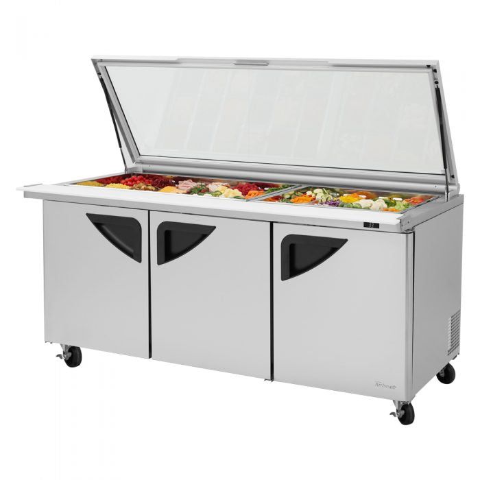Turbo Air - TST-72SD-30-N-GL, Commercial Prep Table Super Deluxe Sandwich/Salad Mega Top Unit with Glass Lids, three-section