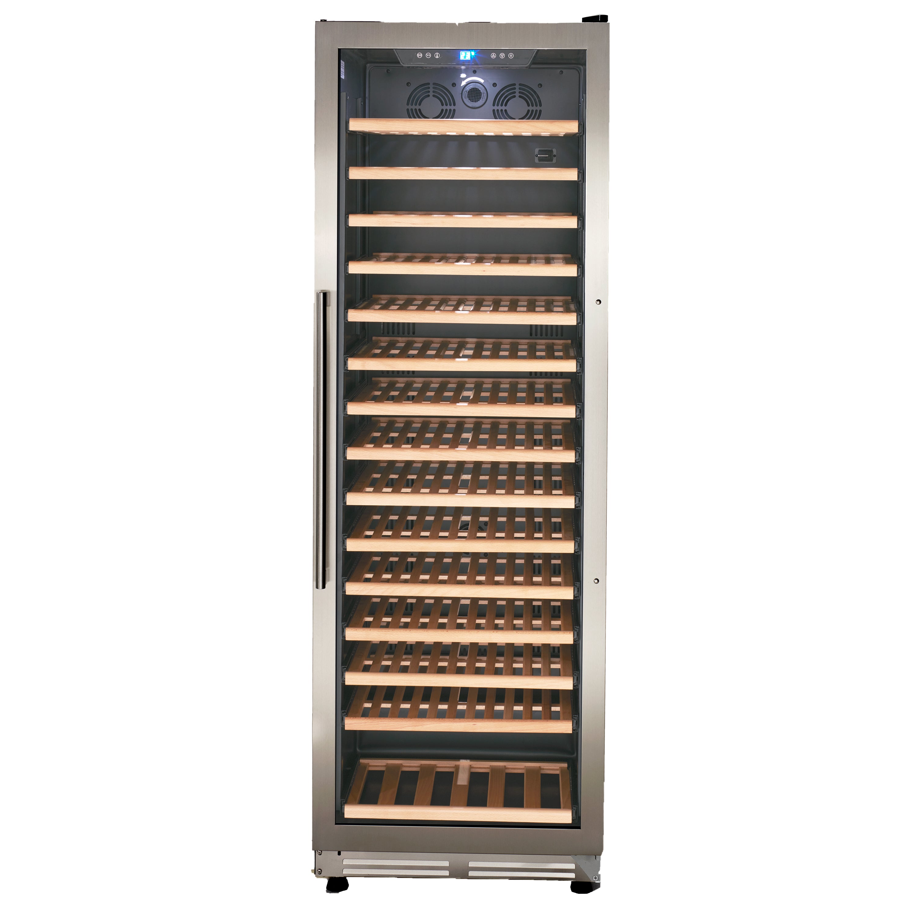 Avanti - WCF165S3SS, Avanti DESIGNER Series Single-Zone Wine Cooler, 165 Bottle Capacity,  in Stainless Steel with Wood Accent Shelving