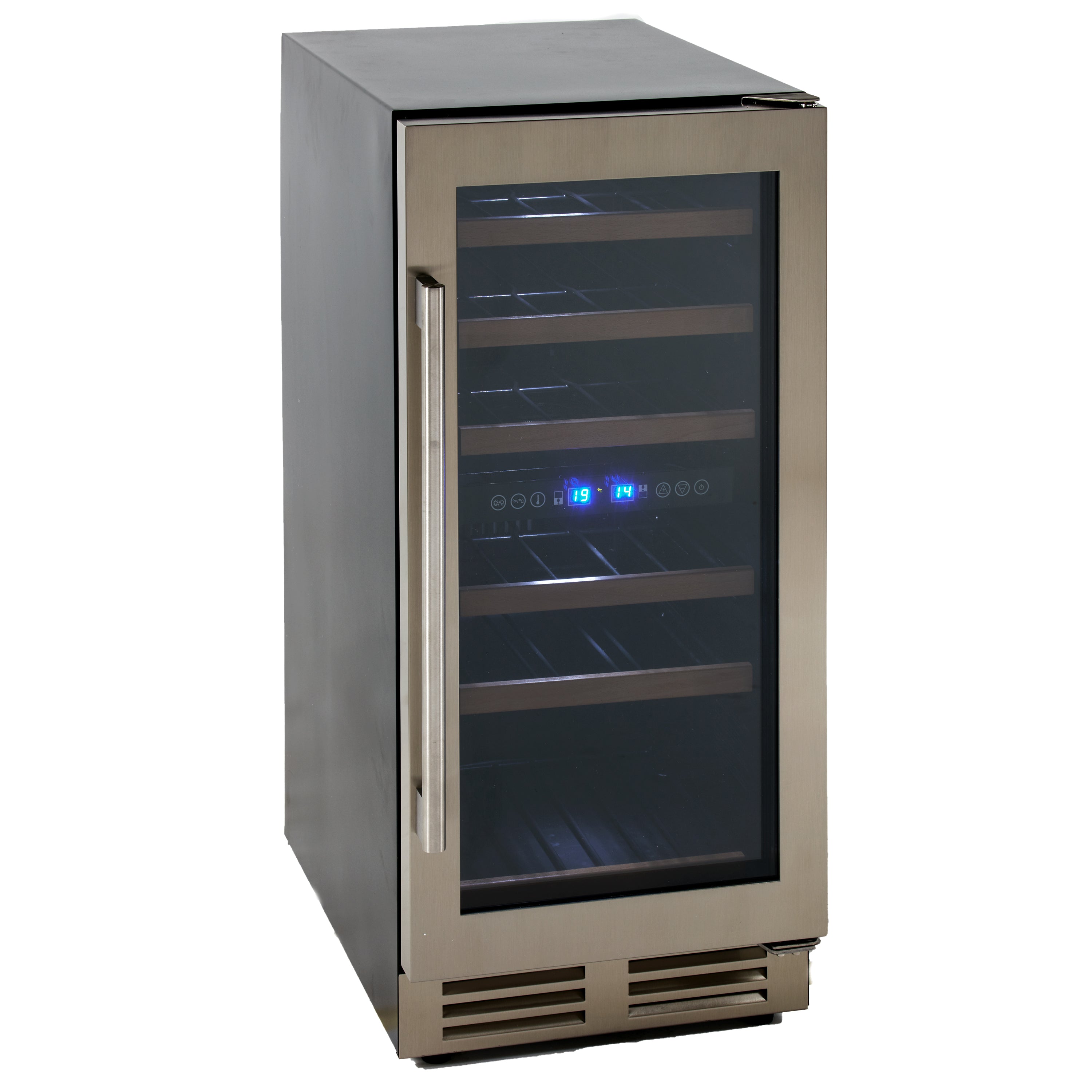 Avanti - WCF282E3SD, Avanti DESIGNER Series Dual-Zone Wine Cooler, 28 Bottle Capacity, in Stainless Steel with Wood Accent Shelving