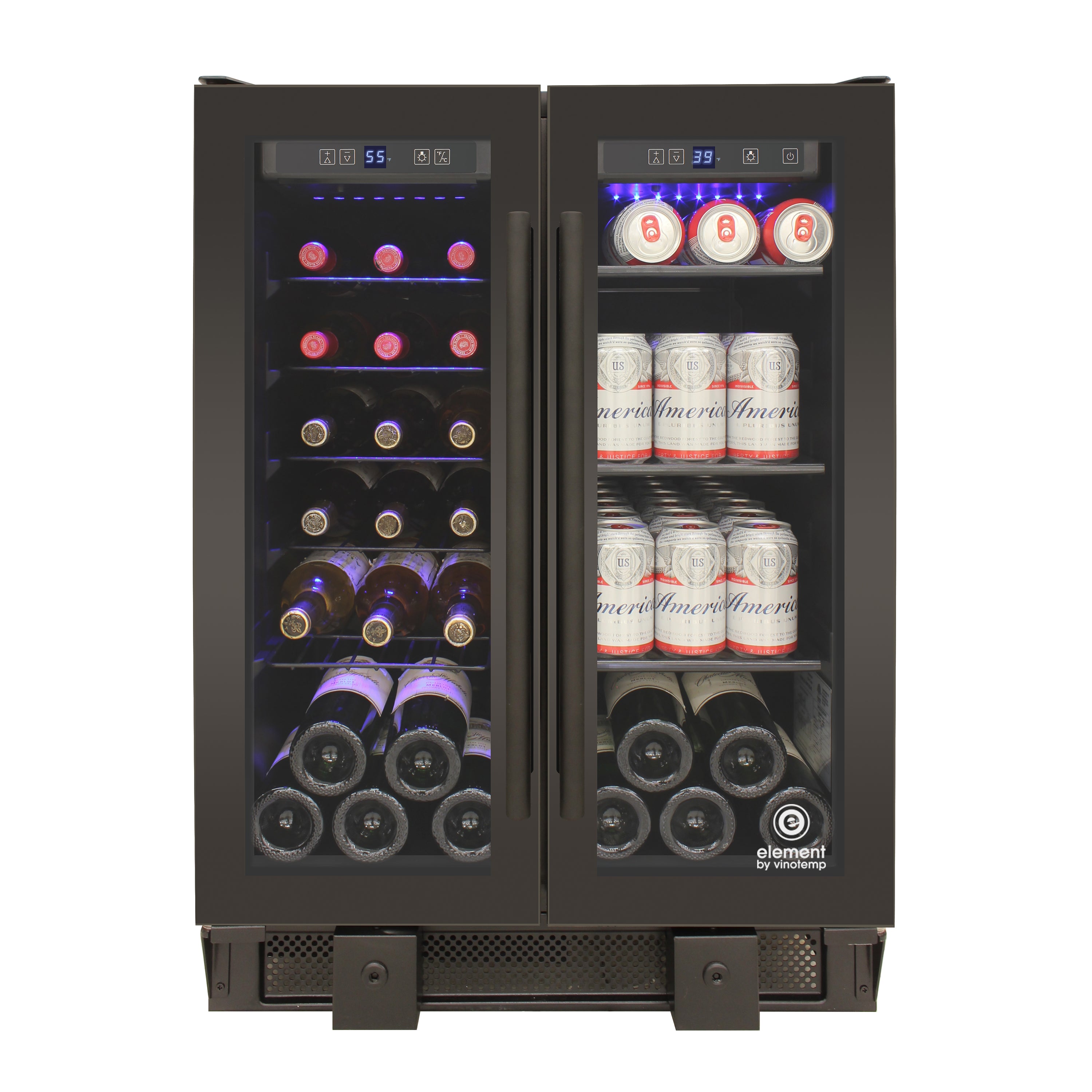 Vinotemp - EL-BWC102-02, Vinotemp Butler Series Touch Screen Wine and Beverage Cooler with French Doors, 24 Bottle and 58 12 oz Can Capacity, in Black