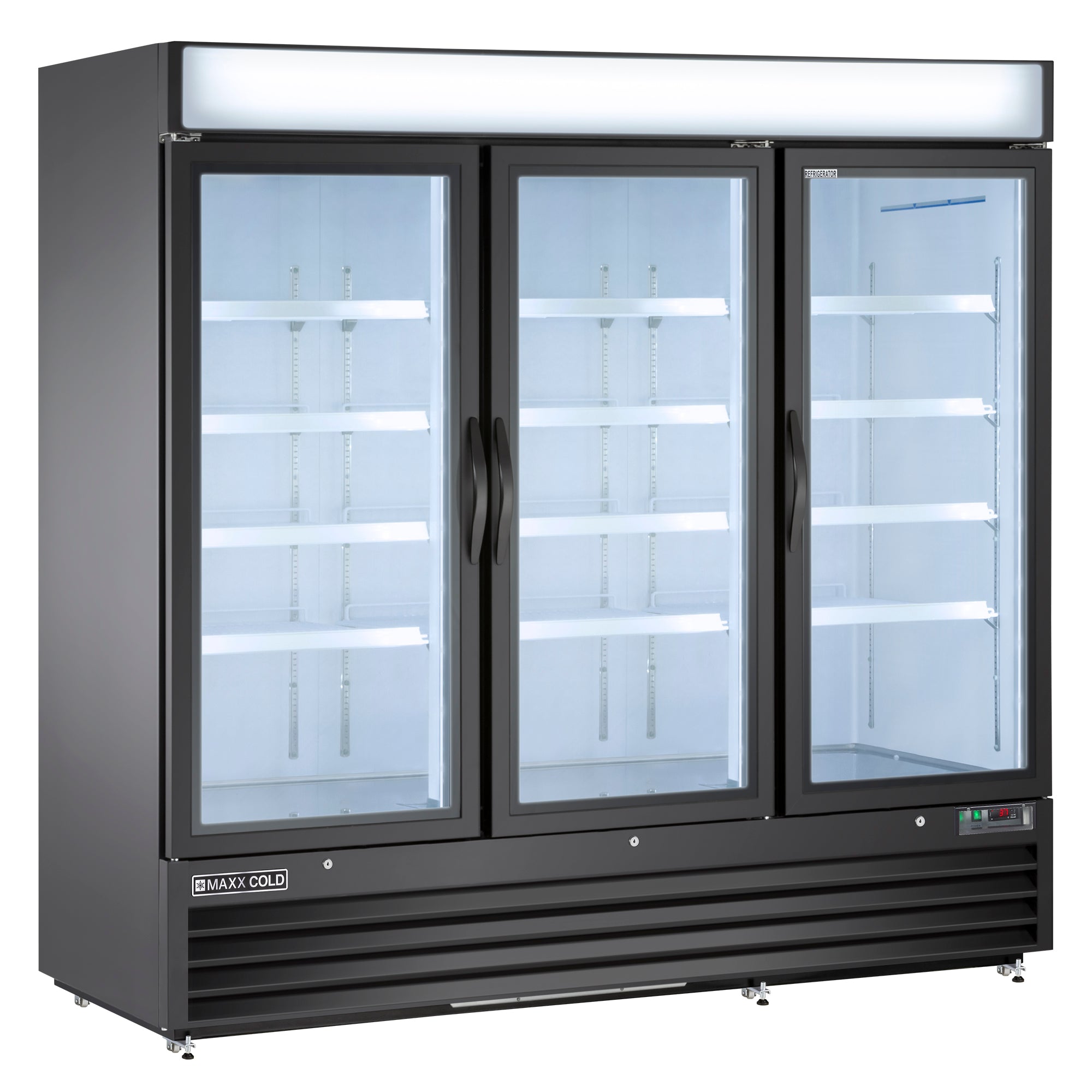 Maxx Cold - MXM3-72RBHC, Maxx Cold Triple Glass Door Merchandiser Refrigerator, Free Standing, 81"W, 72 cu. ft. Storage Capacity, in Black
