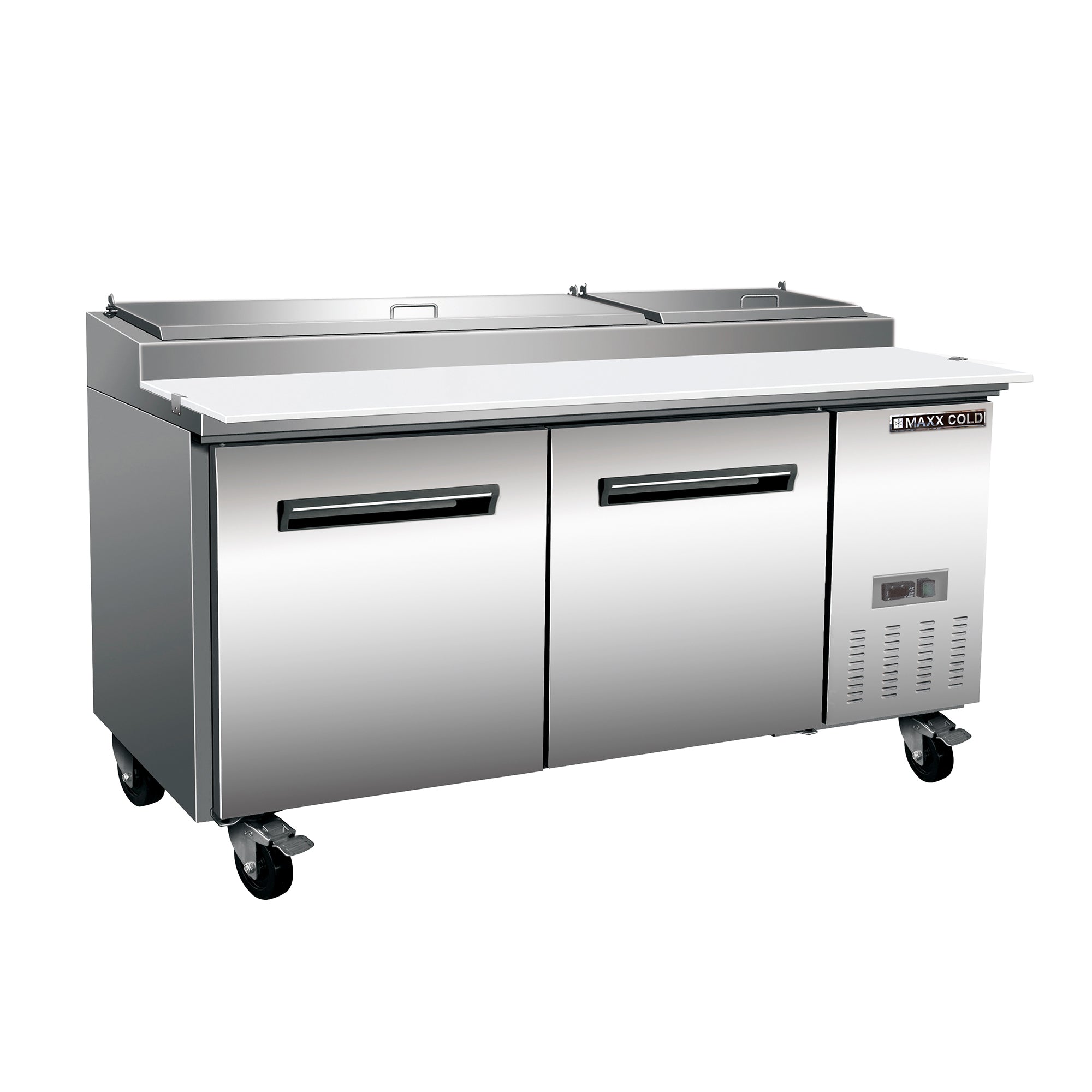 Maxx Cold - MXCPP70HC, Maxx Cold Two-Door Refrigerated Pizza Prep Table, 70.8”W, 22 cu. ft. Storage Capacity, Equipped with (9) 4” Deep Pans and Cutting Board, in Stainless Steel