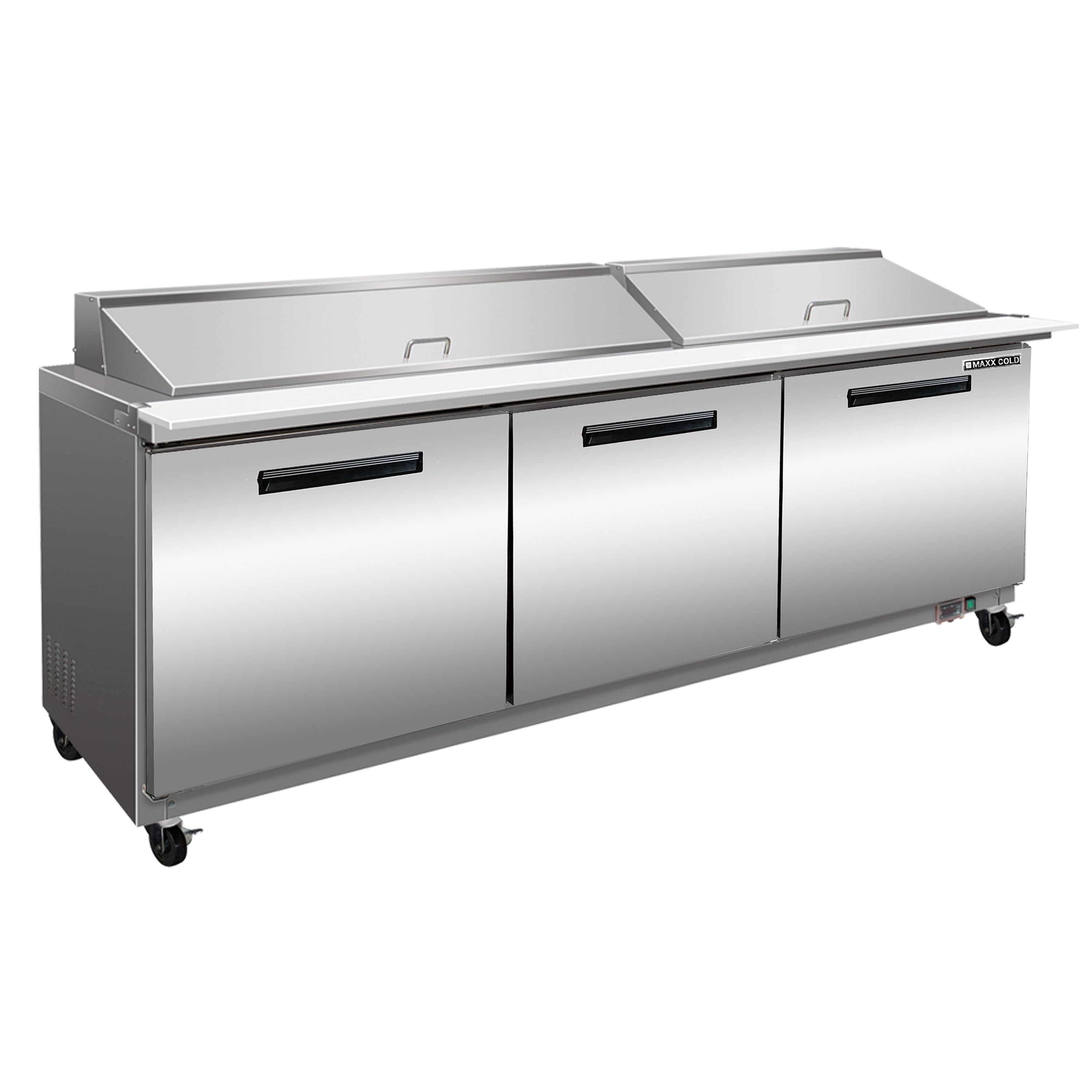 Maxx Cold - MXCR72MHC, Maxx Cold Three-Door Refrigerated Megatop Prep Unit, 72"W, 18 cu. ft. Storage Capacity, Equipped with (27) 4" Deep Pans and Cutting Board, in Stainless Steel