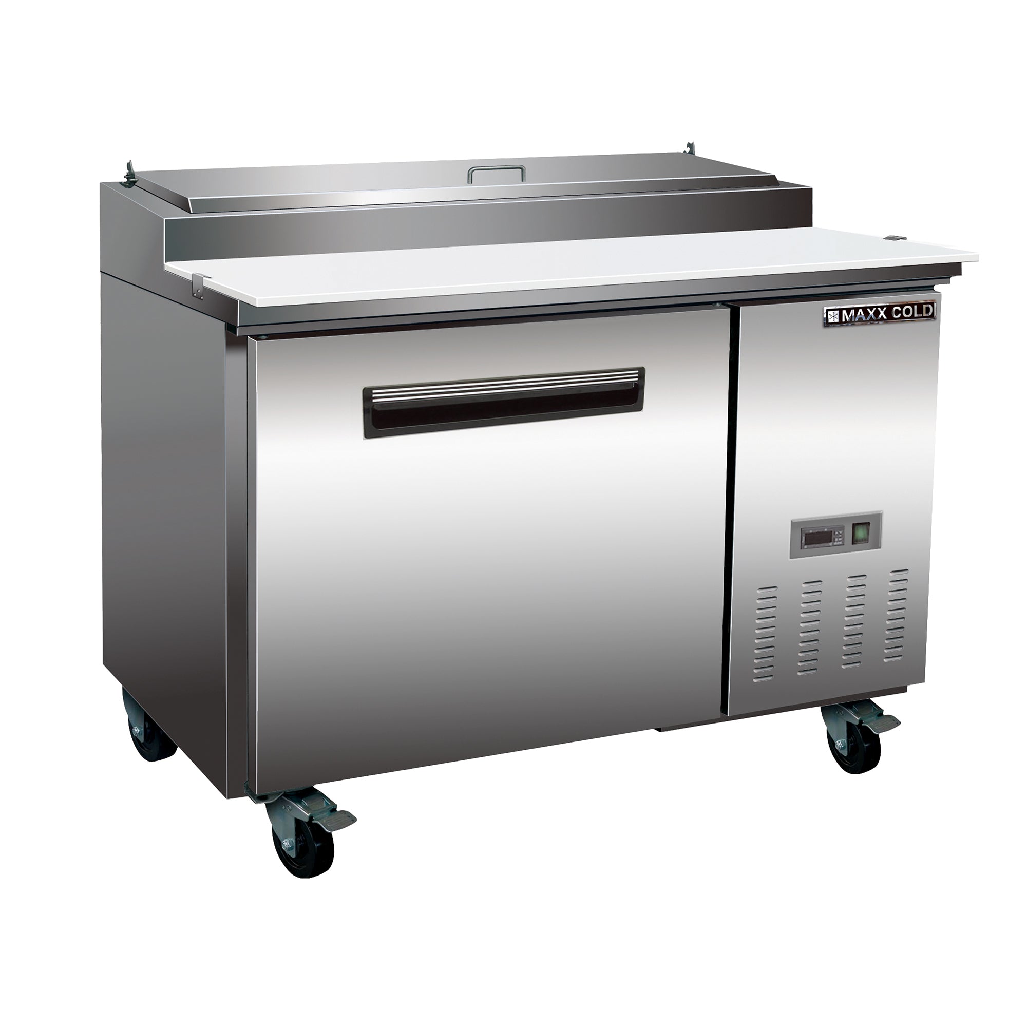Maxx Cold - MXCPP50HC, Maxx Cold One-Door Refrigerated Pizza Prep Table, 47.4”W, 12 cu. ft. Storage Capacity, Equipped with (6) 4” Deep Pans and Cutting Board, in Stainless Steel