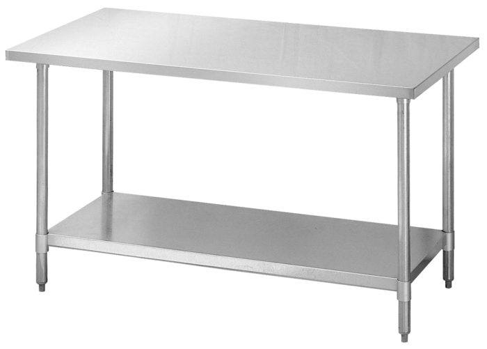 Green World - 
TSW-2448E  - Work Table, 24″ W x48″ L, 18/430 stainless steel flat top w/turned down edges, with adjustable galvanized undershelf & legs with adjustable ABS bullet feet