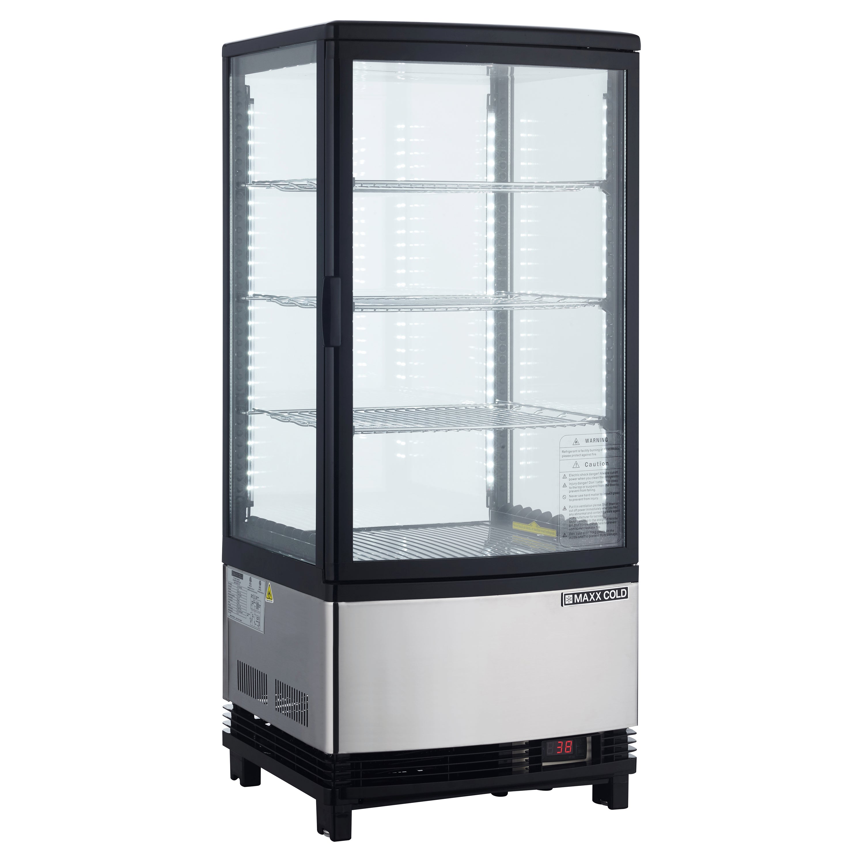 Maxx Cold - MECR-32D, Maxx Cold 4-Sided Glass Two-Door Pass-Thru Merchandiser Refrigerator, Countertop/Floor Display, 16.9"W, 3 cu. ft. Storage Capacity, in Black/Stainless Steel