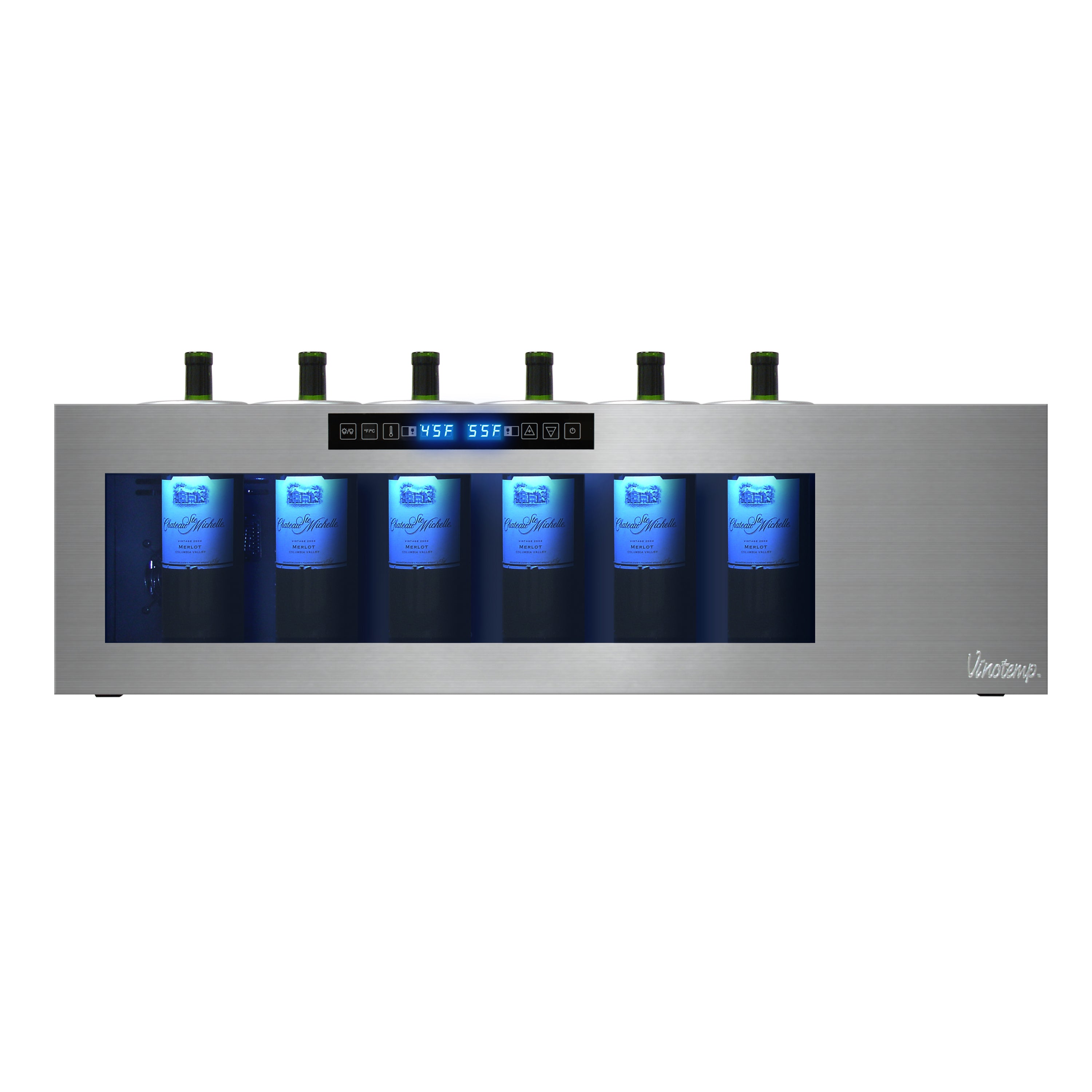 Vinotemp - IL-OW006-2Z, Vinotemp Il Romanzo Series Dual-Zone Open Display Wine Cooler, 6 Bottle Capacity, in Stainless Steel