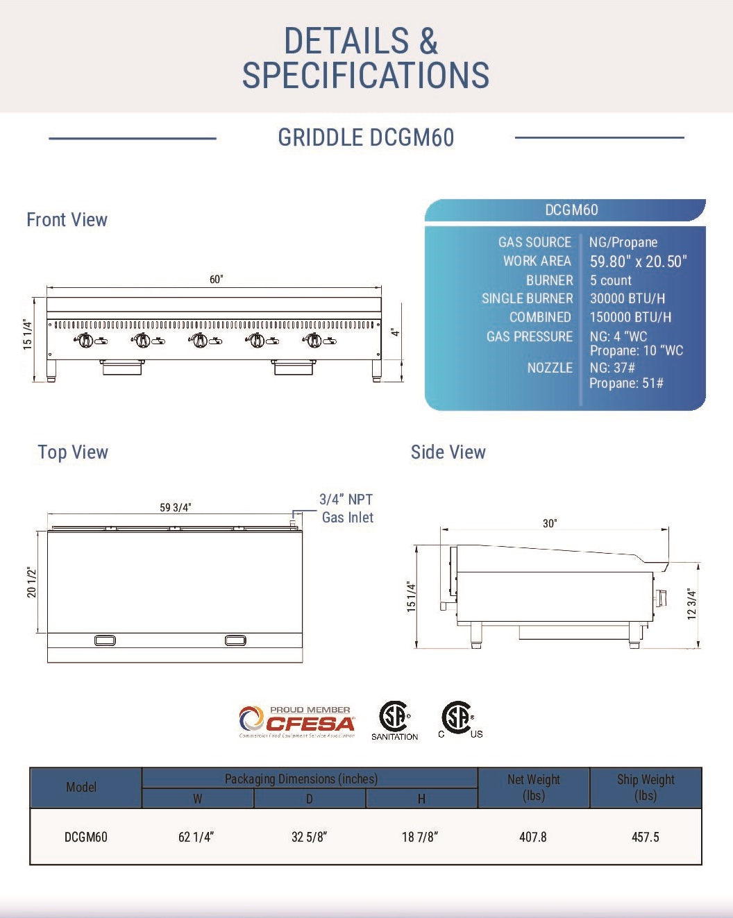 Dukers DCGM60 60" NG/LP Gas Manual Countertop Griddle