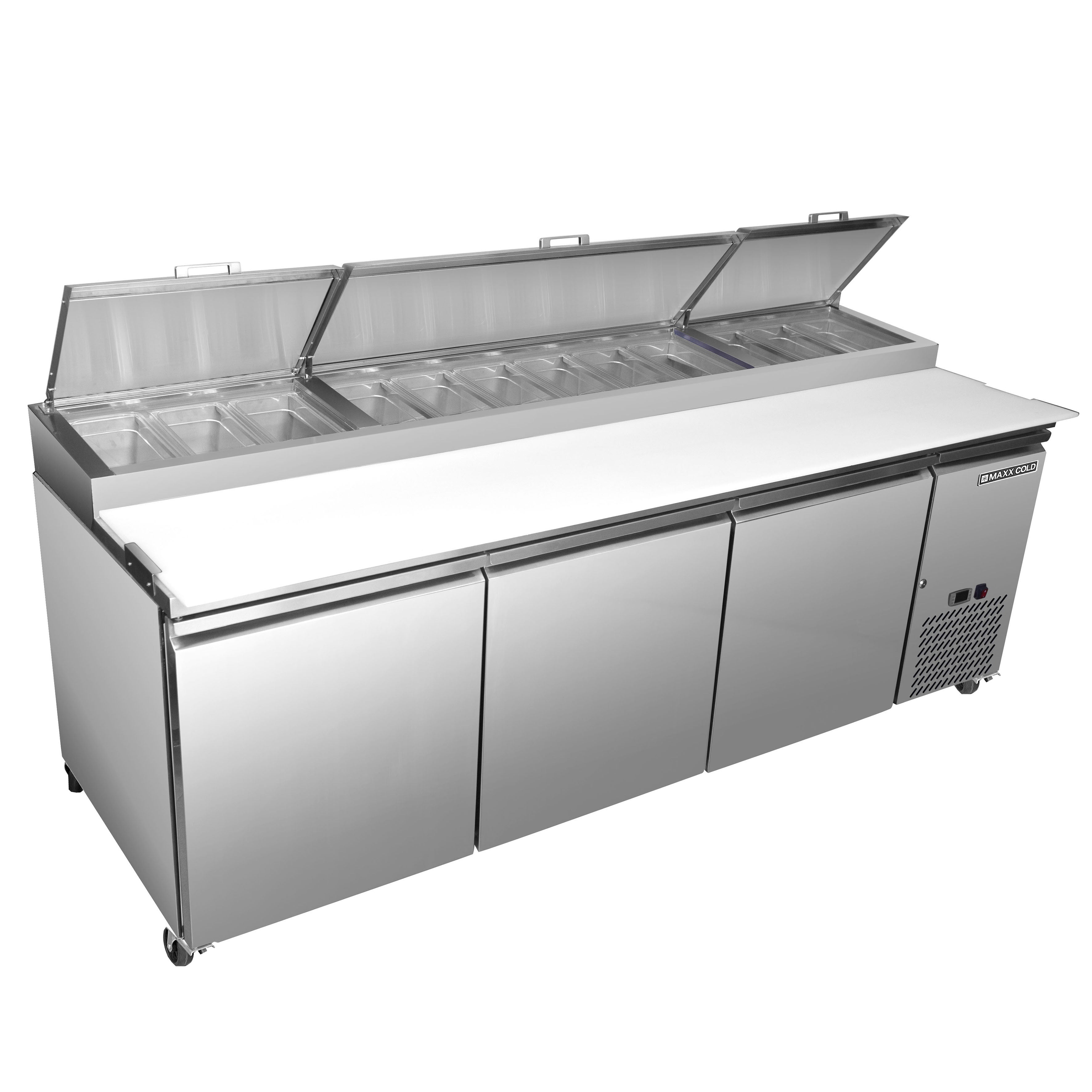 Maxx Cold - MXSPP92HC, Maxx Cold Three-Door Refrigerated Pizza Prep Table, 92" W, 30.87 cu. ft. Storage Capacity, Equipped with (12) 4" Deep Pans and Cutting Board, in Stainless Steel